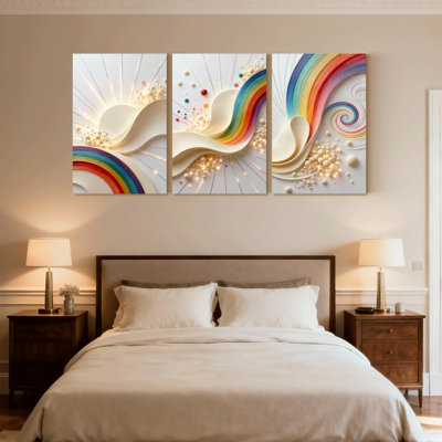 «Abstract Abstract Rainbow Waves Light Particles Art», ensemble de 3 impressions sur toile