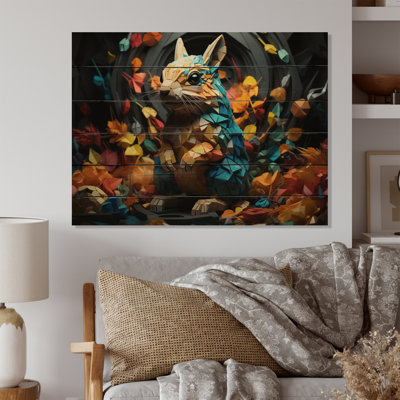 Colorful Squirrel Squirrels Antics Geometric - Animals Print on Natural Pine Wood