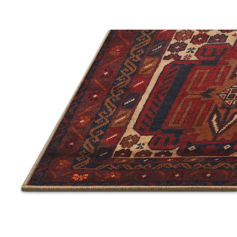 Tapis traditionnel rouge / bleu, Rectangle 5 pi x 7 pi