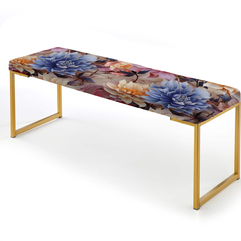Banc floral rembourré or, Bleu et beige métallique