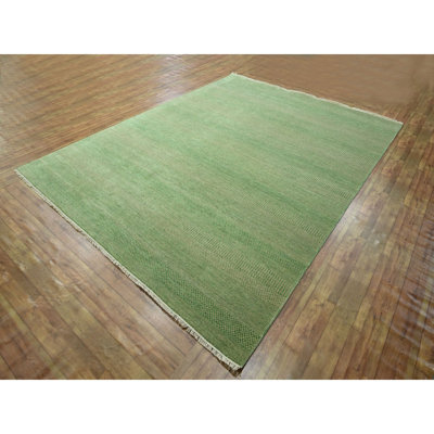 Tapis vert menthe poivrée 8 pi 1 po x 10 pi 3 po, noué à la main, tissage dense, ton sur ton, sans bordure, laine et soie, luxuriant et moelleux, tapis oriental