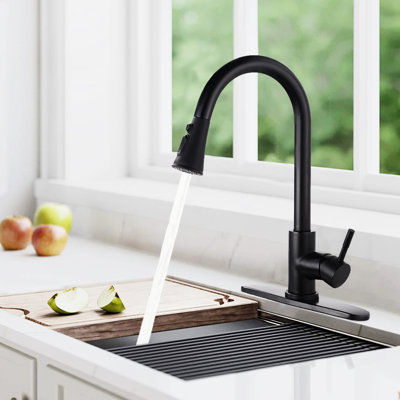 Pull Down Kitchen Faucet Matte Black, Stainless Steel, To Rust & Corrosion, 20'' Hose Length, 1.8Gpm Flow Steel In Black Finish, Water Spot , Spray Head, Rate