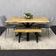 Wooden Brown Dining Table with 2 Benches and Grey Velvet Chairs