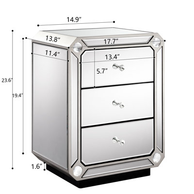 Champagne Gold Mirror Three Drawn Cabinet,Modern End Side Table, Mirrored Nightstand, Mirrored Side Table for Living Room, Bedroom, Entryway 17.7"W x 13.8"D x 23.6"H