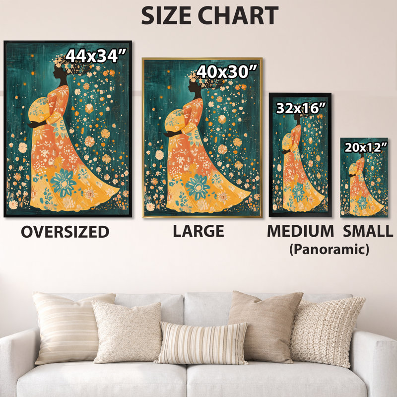 Mère joyeuse aux couleurs à motifs I - Tableau encadré naïf, H 32 po x l 24 po, Black Picture Framed