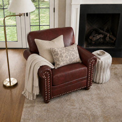Lounge Armchair – PU Leather Accent Chair With Nailhead Trim & Solid Wood Legs (Burgundy)