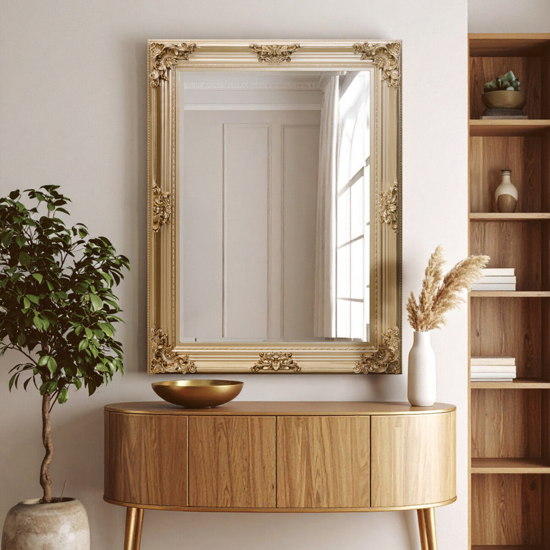 Lora Manufactured Solid Wood Rectangle Mirror, Gold