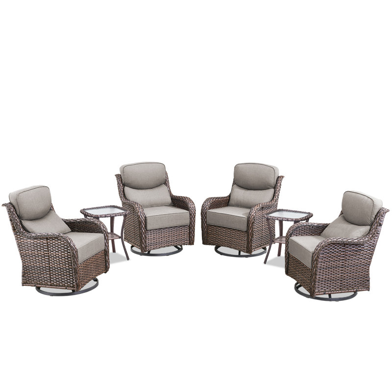 Meriline 4 - Person Outdoor Wicker Conversation Set With Swivel & Glider Chairs And Tempered Glass Side Table, Brown, Gray