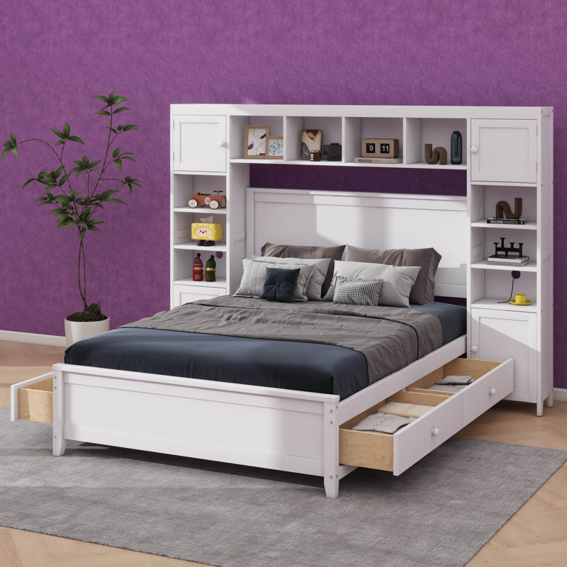 Lit double fonctionnel en bois avec armoire intégrée et étagère, Blanc