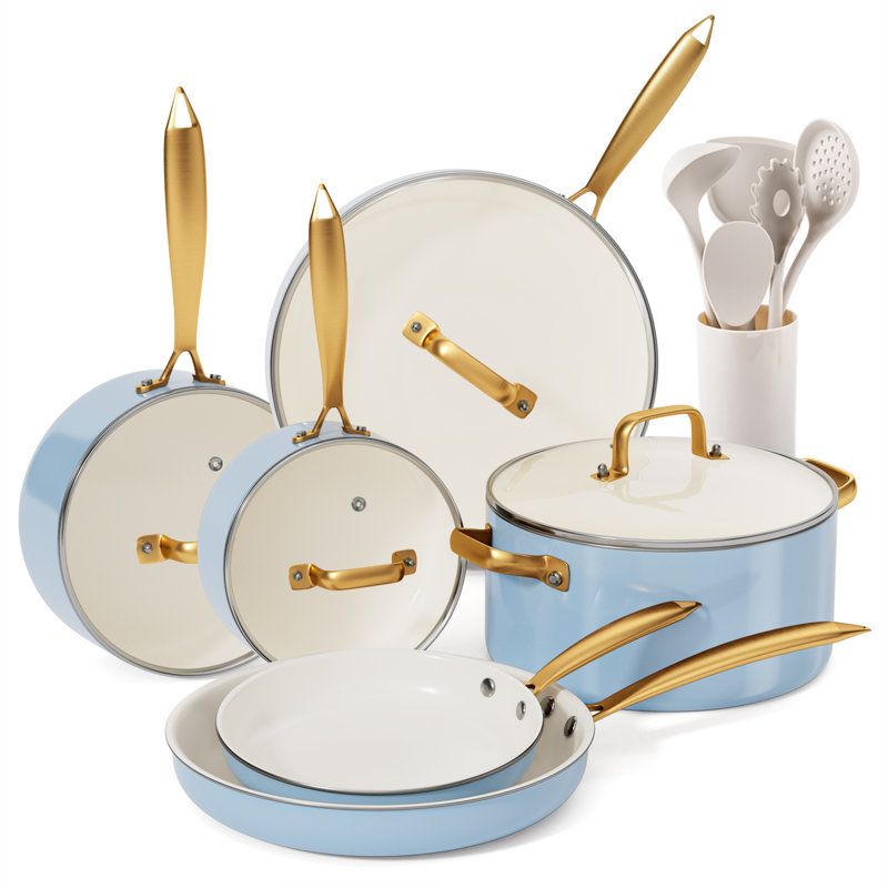 Batterie de cuisine en céramique antiadhésive 15 pièces allant au four, Bleu