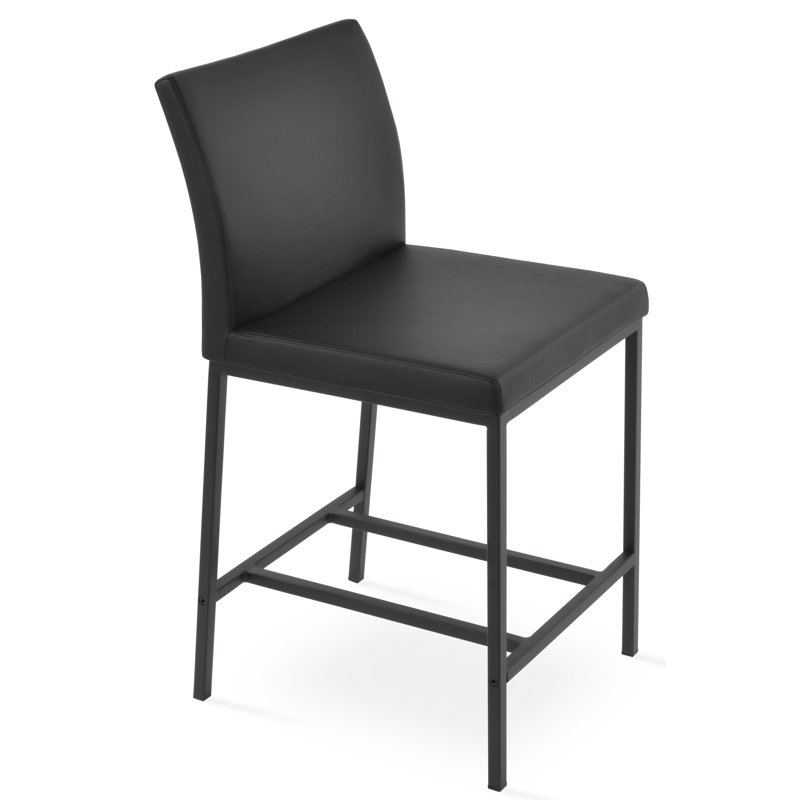 Tabouret Aria, Tabouret de comptoir (siège d'une hauteur de 24 p, Noir, Similicuir noir