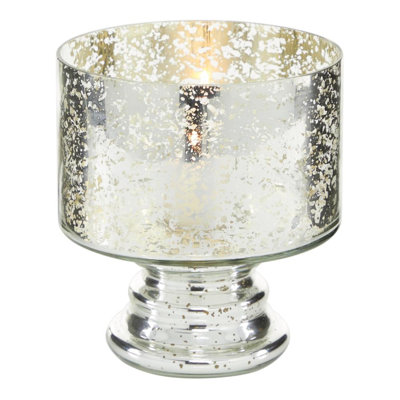 Glass Handmade Turned Style Pillar Silver Hurricane Lamp with Faux Mercury Glass Finish