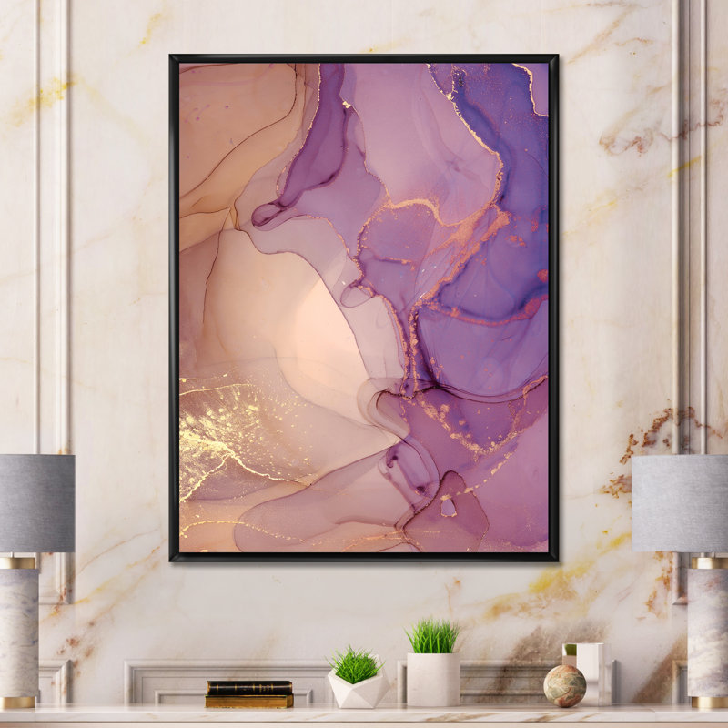 Nuage d'encre de marbre mauve et jaune - peinture sur toile, H 40 po x l 30 po x P 1,5 po, Cadre flottant noir