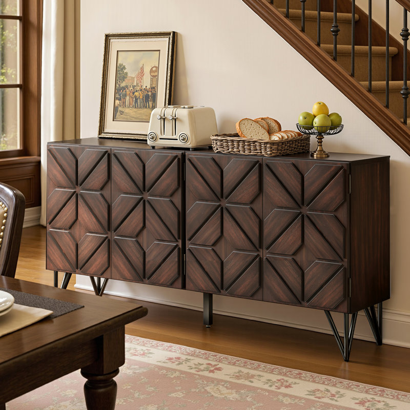 62" Solid Wood Sideboard With Hand-Carved Door Panel, Walnut Brown