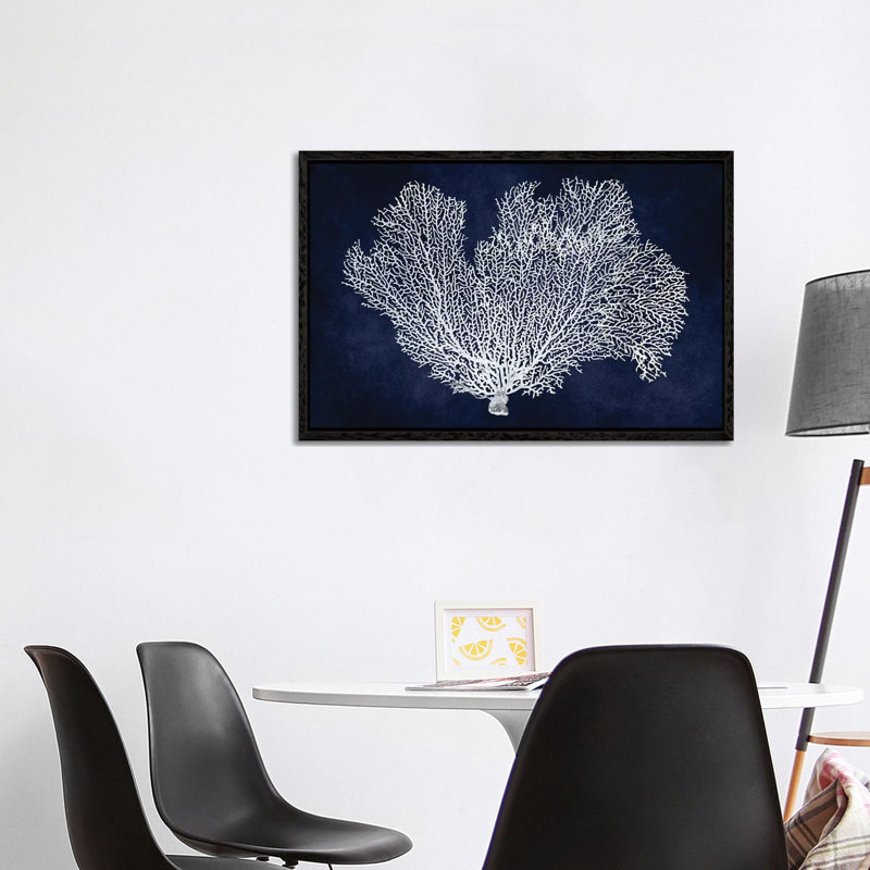 Sea Fan On Indigo I by Melonie Miller - Print on Canvas, 66.04cm H x 101.6cm W x 3.81cm D, Black Floater Framed