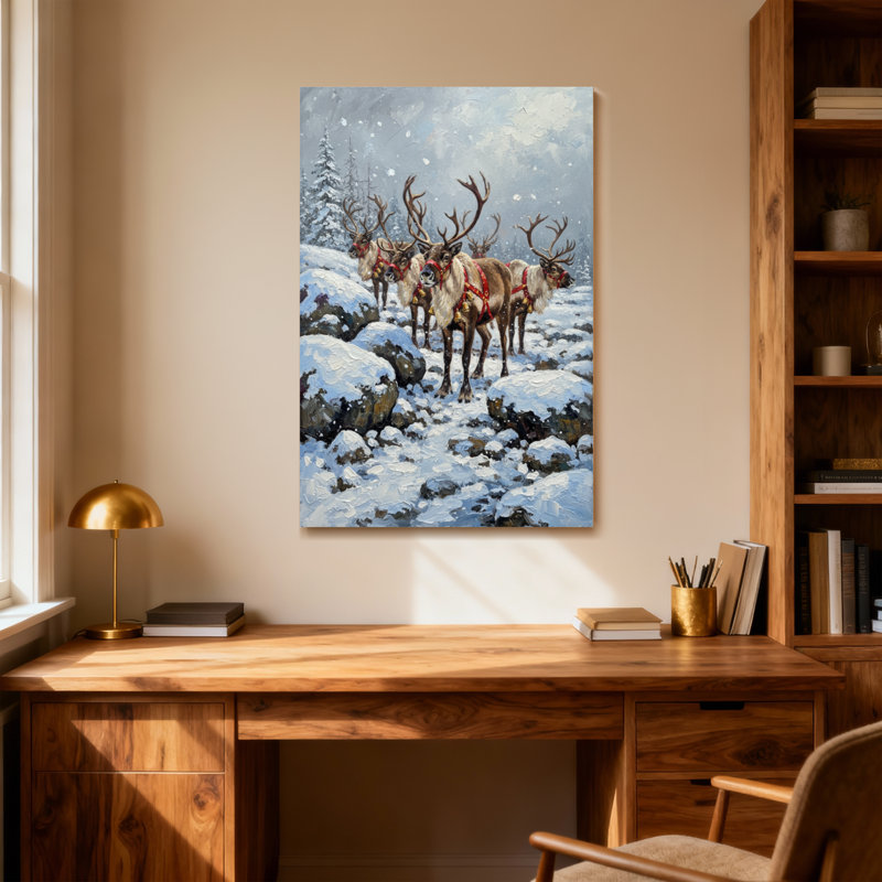 Animaux, renne dans un paysage d'hiver enneigé, H 24 po x l 16 po
