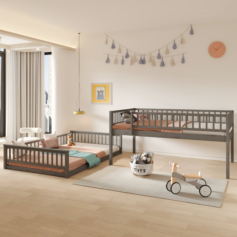 Full XL Over Queen Bunk Bed With Ladder And Guardrails, Gray