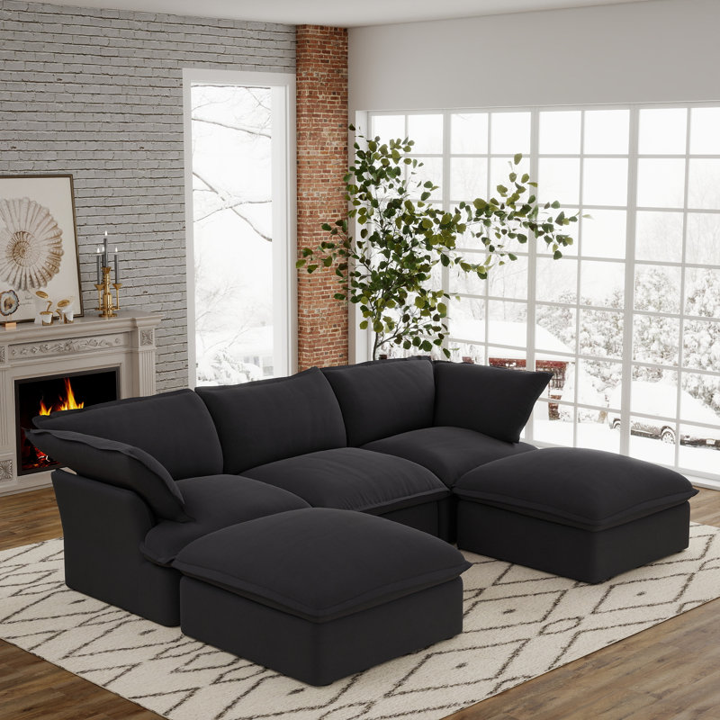 5-Piece Upholstered Modern Linen Fabric Sectional With Storage Ottoman, Black
