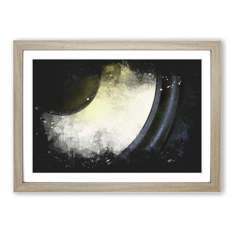 Yellow Speaker Paint Splash - Picture Frame Graphic Art, Oak, 27cm H x 36cm W x 2cm D