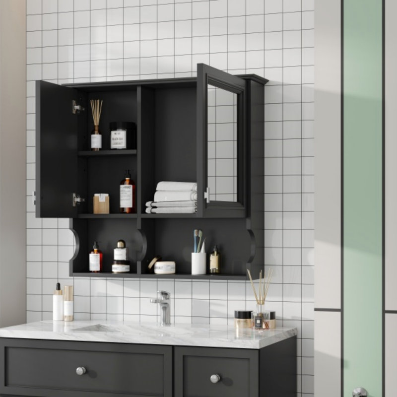 Armoire à pharmacie à miroir de 30 pouces avec tablettes ouvertes, rangement mural avec portes et miroir, tablette réglable, armoire de rangement pour salle de bain au-dessus de la toilette