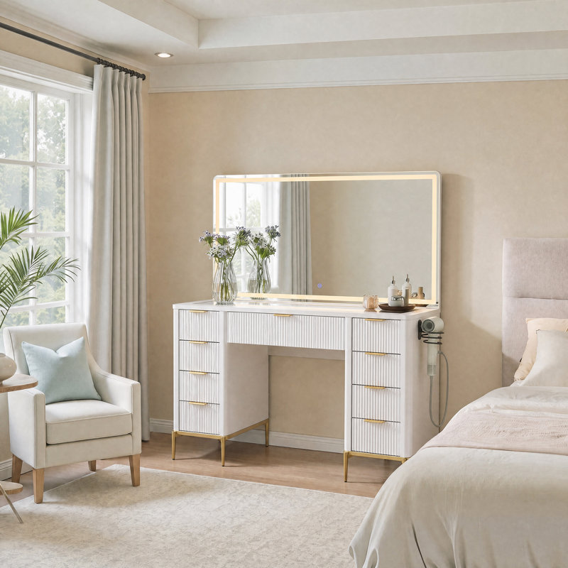 48" Modern Makeup Vanity Desk With Mirror And Lights, Makeup Vanity With 9 Drawers With Power Outlet,Adjustable Lighting Dressing Table For Bedroom