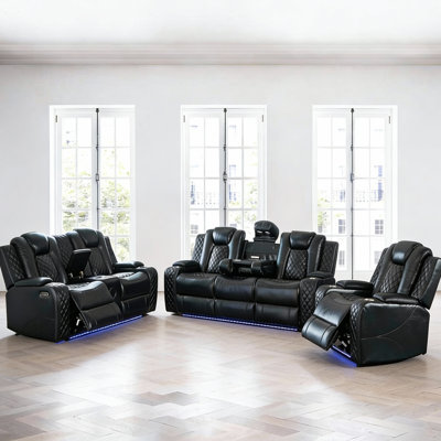 3 - Piece Power Reclining Home Theater Sofa Set (Chair & Loveseat & Sofa) – Faux Leather With Smart Tech & Ambient Lighting