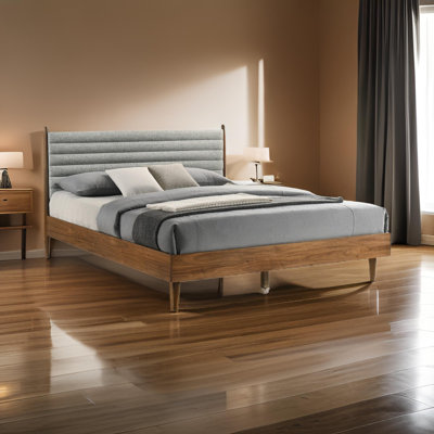 Greylynn Platform Bed Frame in Wood with Upholstered Headboard