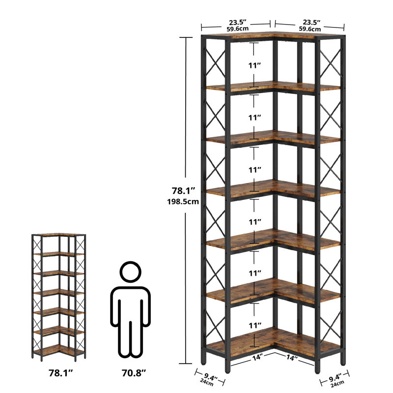 7-Tier Industrial Corner Bookcase, Tall Corner Shelf Storage Display Rack with Metal Frame for Living Room Home Office
