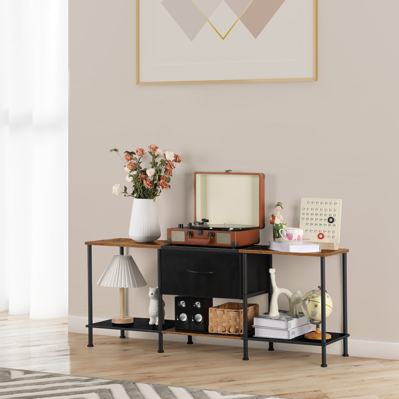 Meuble télé avec tiroir en tissu, structure en bois rustique et en métal noir, console de divertissement moderne