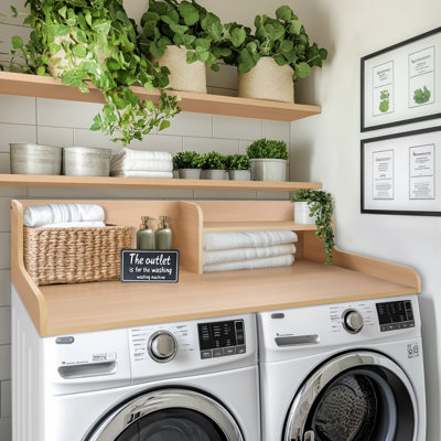 Kaboon 2-Tier Washer Dryer Countertop 58" W X 28" D X 12" H", Laundry Shelf Organizer, Light Walnut