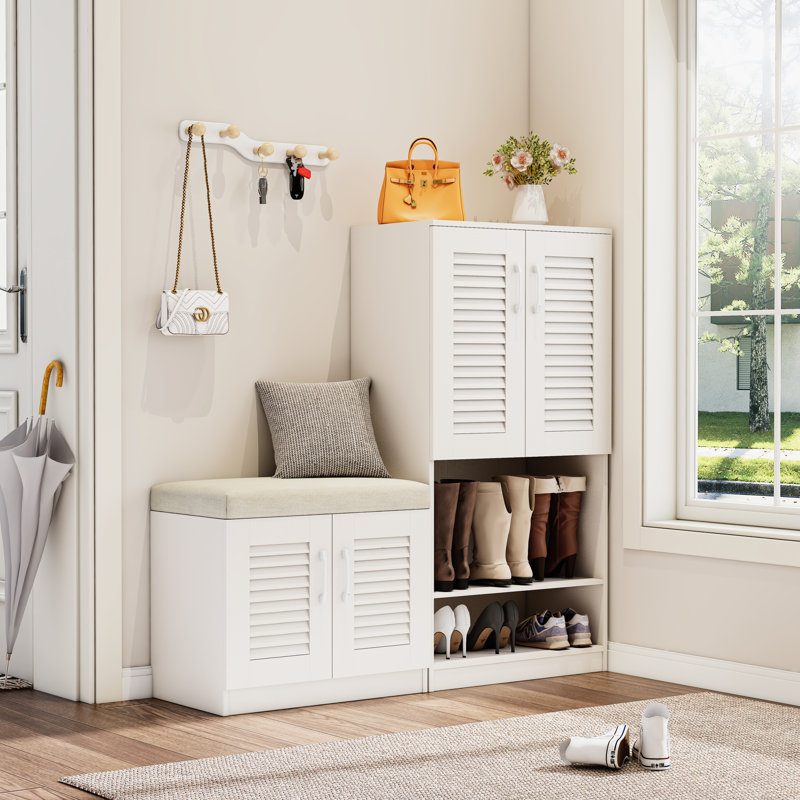 Range-chaussures blanc avec 7 + 3 compartiments et couche réglable, pour le vestibule, coussin de rangement