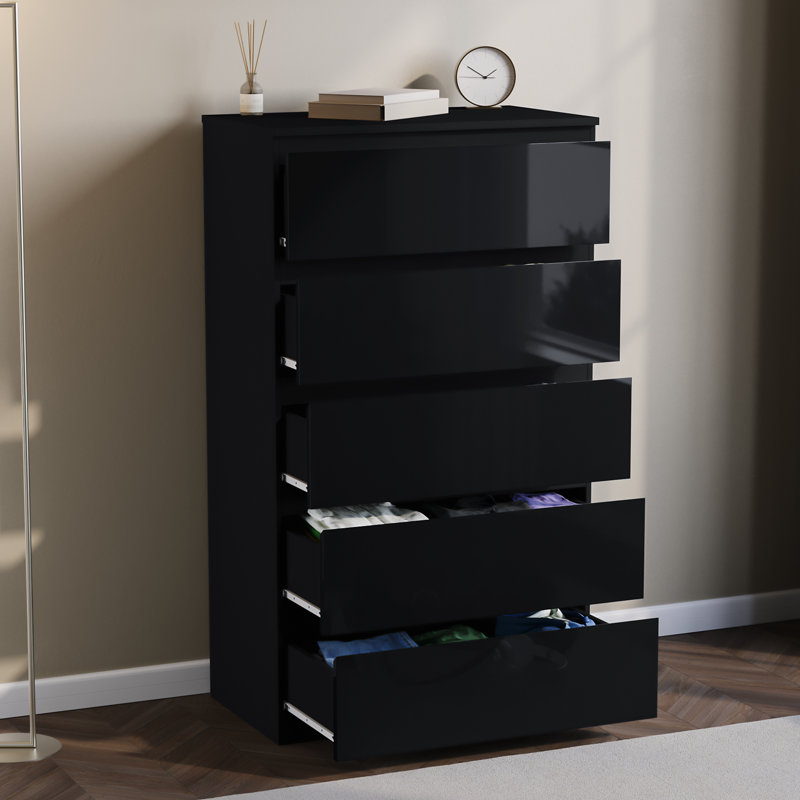 5 Drawer High Gloss Chest, (FSC 100%), Bedroom Home Storage Furniture, Black