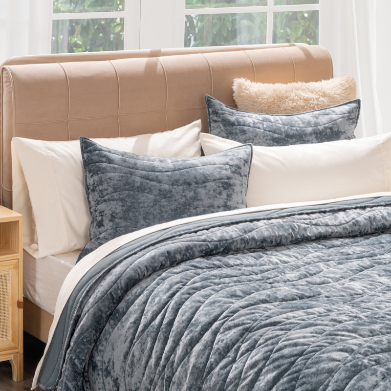 Ensemble de housse de couette et d'édredon EVERGRACE Wave, Courtepointe très grand + 2 taies décoratives tr, Bleu orageux