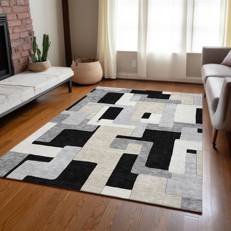 Black Geometric Washable Synthetic Rectangular Rug 2'6" x 3'10"