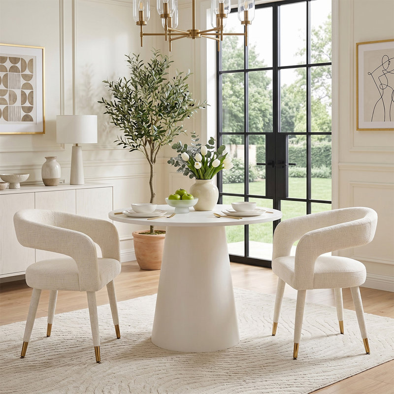 Ensemble de salle à manger rond moderne 35 "pour 2 avec fauteuils en chenille, Oatmeal