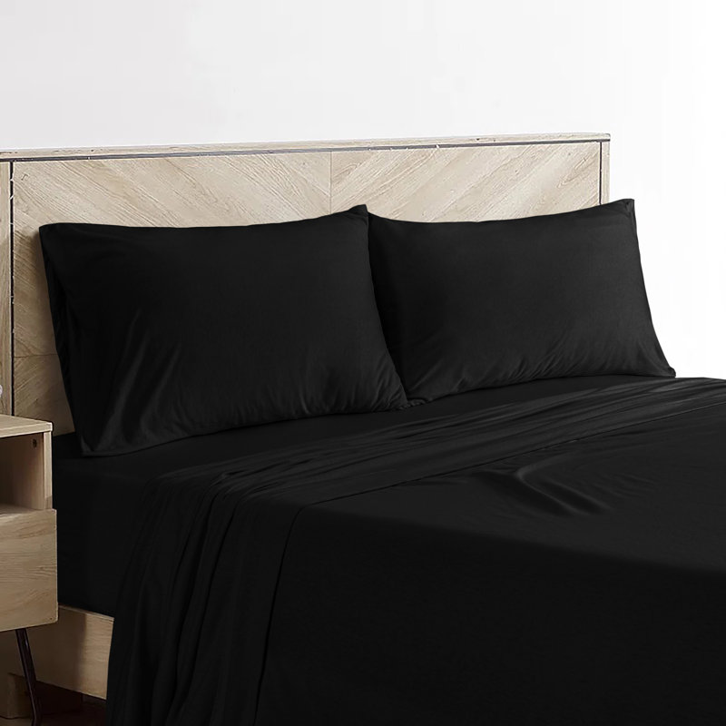 Ensemble de draps en jersey respirant 100% coton jersey | Toutes saisons, noir, Noir