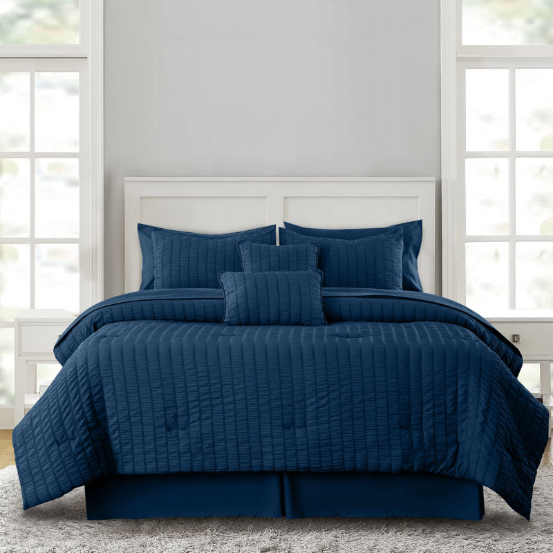 10 Pcs MF Comforter Set Bed in a Bag for All Seasons Seersucker Lightweight Comforter Set with Sheets, Navy