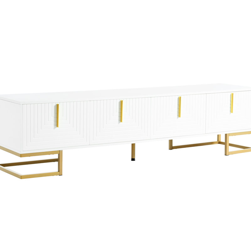 Meuble télé 80 po avec pieds en métal et tablettes réglables, support en or blanc à motif géométrique, Blanc / Doré