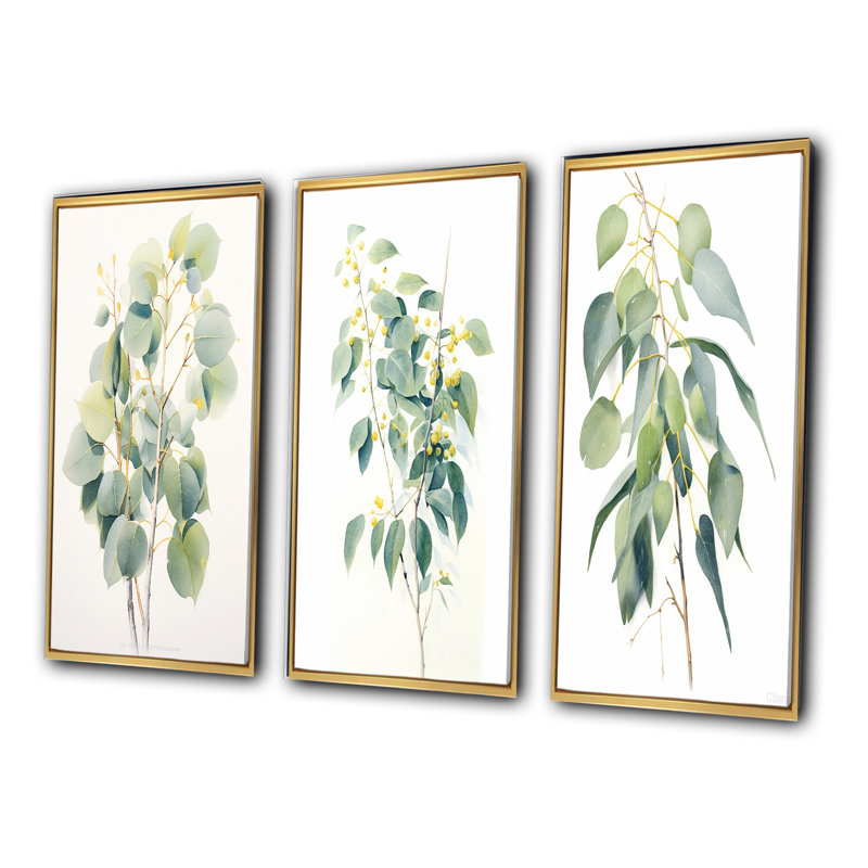 «Green White Minimalisme Eucalyptus Essence I», 3 pièces sur toile, H 28 po x l 36 po, Cadre flottant doré