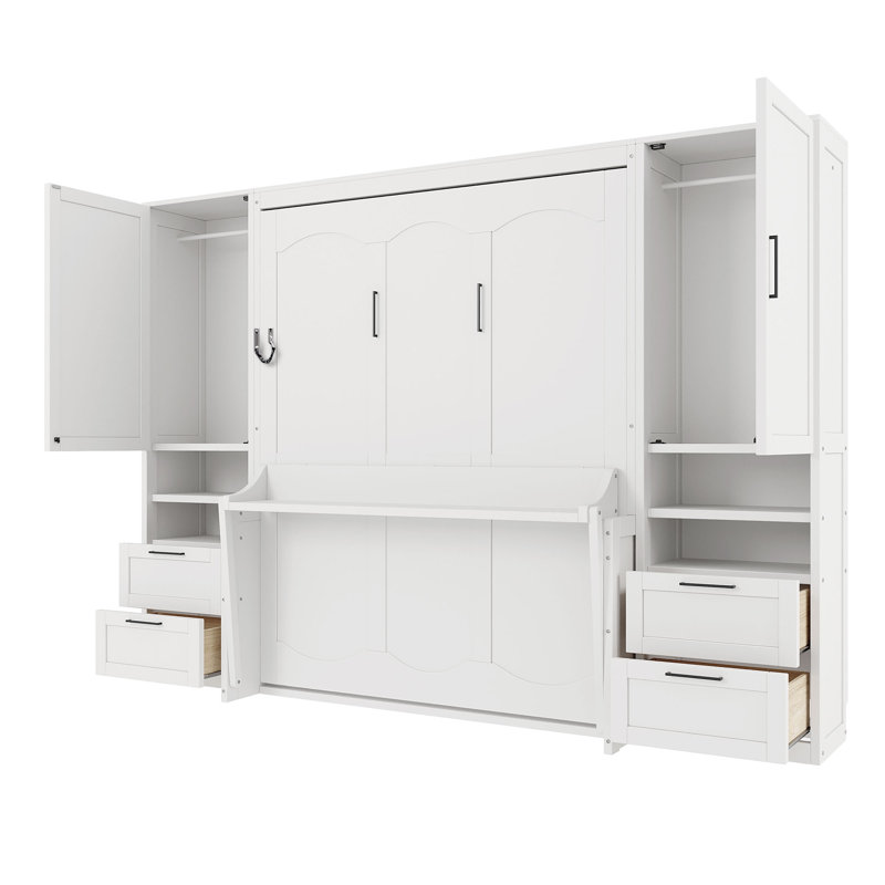 Grand lit escamotable mural avec garde-robe, tiroirs et tablettes, Blanc