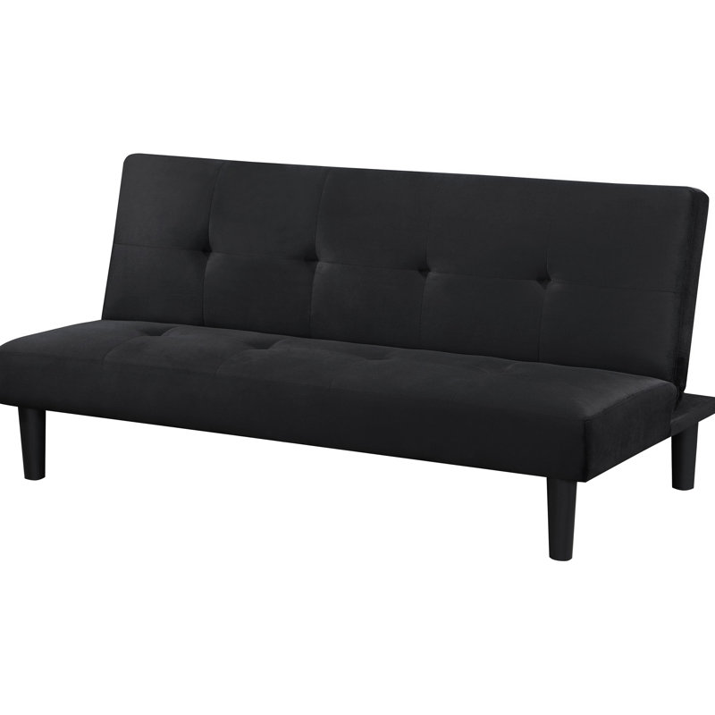 Lit convertible noir sans accoudoirs avec un revêtement lisse, un support fiable et un siège à ressorts sinueux à l'esthétique contemporaine, coussins, confort pour les invités qui passent la nuit