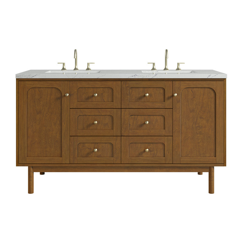 Meuble-lavabo double 60 po Laurent, Centres de 8 po, Noctis éthéré, Chêne miel