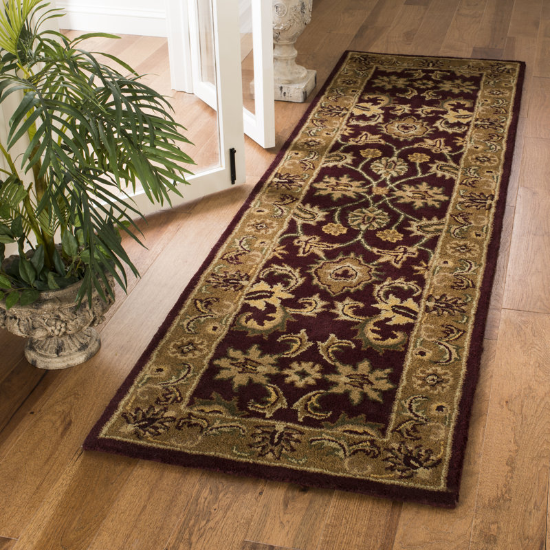 Tapis bourgogne / doré en laine touffeté à la main Bromley, Tapis de couloir 2 pi 3 po x 10 pi