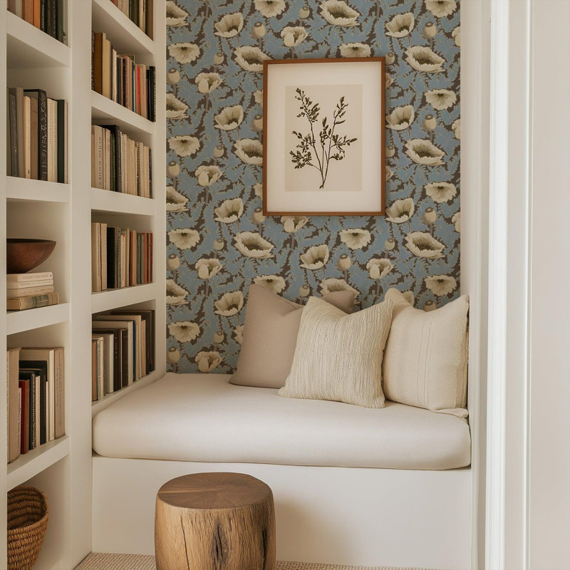 Poppy Bloom - Floral Wallpaper, Brownstone Blue, Faux Grasscloth