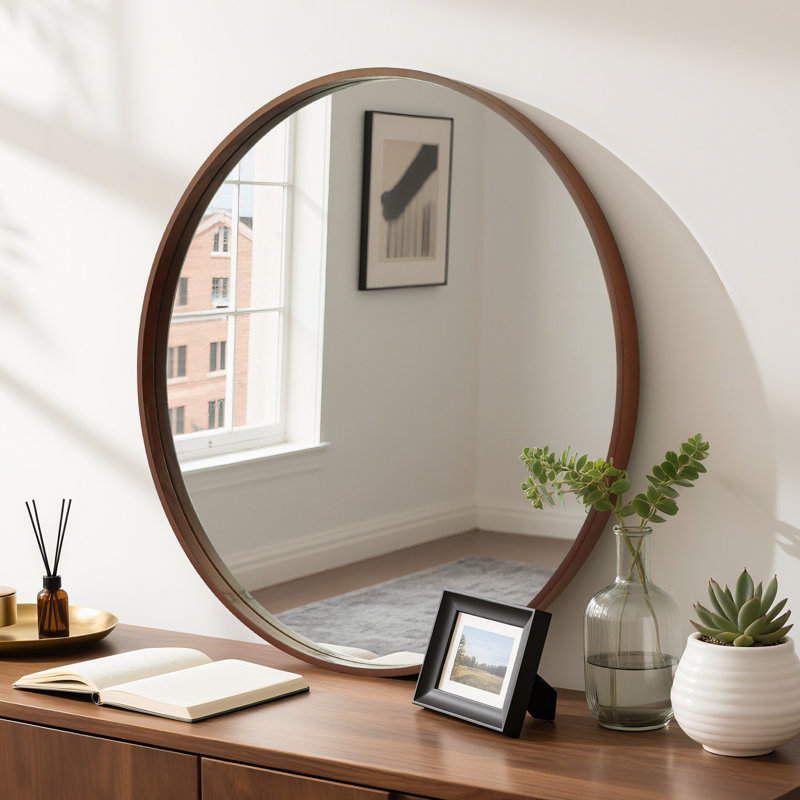 Karrina Accent Wood Round Mirror, 28" x 28", Walnut