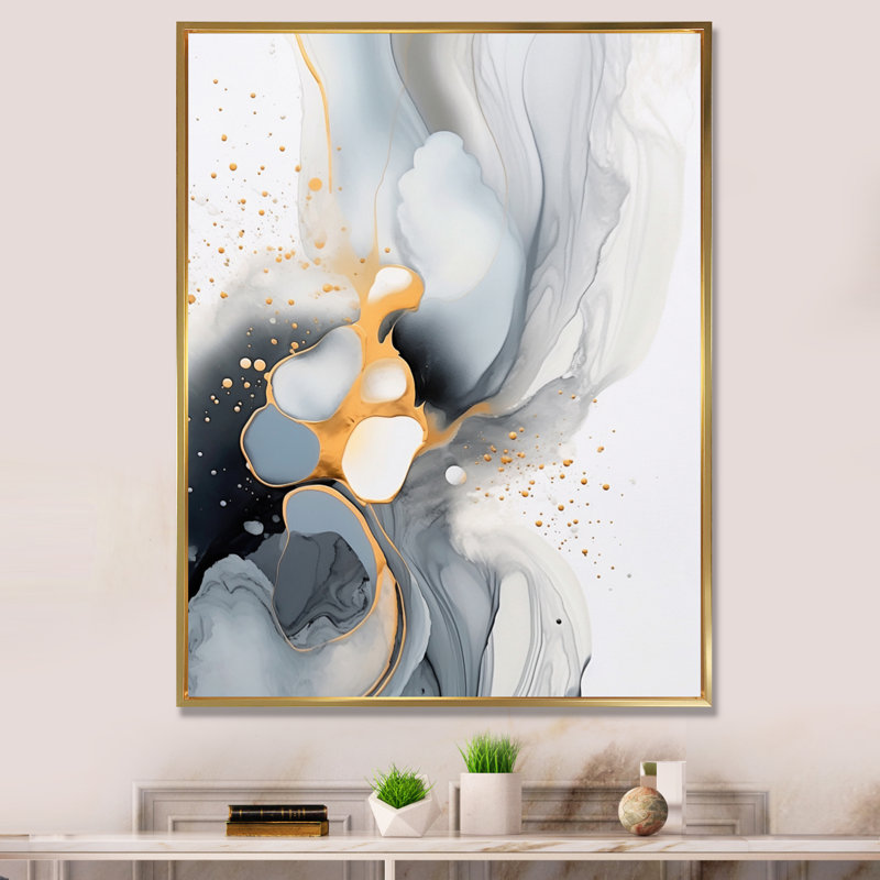 Gris et veines éthérées dorées - impressions sur toile abstraites, Cadre flottant doré, H 32 po x l 16 po x P 1 po