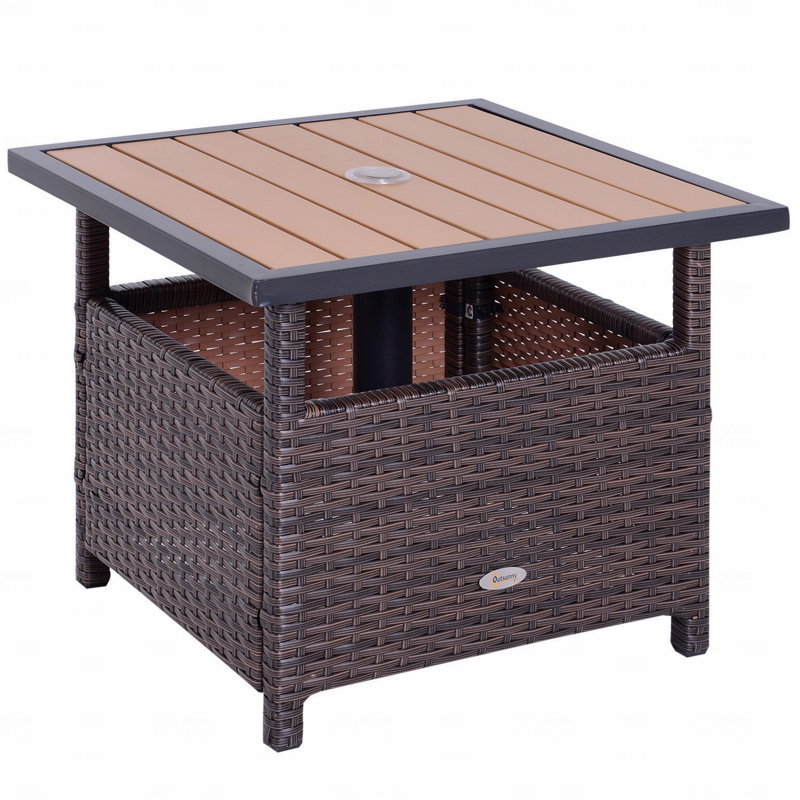 Table d'appoint en osier de rotin avec structure en acier, trou d'insertion de parasol, sac de sable
