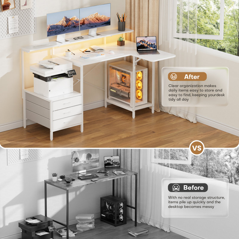 L-Shaped Metal Base Computer Desk with Power Outlet, White