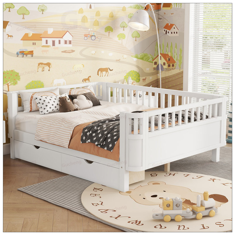 Lit plateforme en bois pour enfants avec rails et beaucoup de rangement, conception sécuritaire et polyvalente pour les enfants en pleine croissance