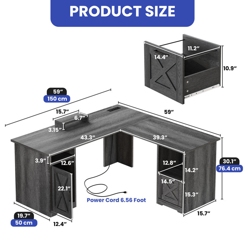 Aimaan L-Shaped Computer Desk with Power Outlet, Charcoal Gray
